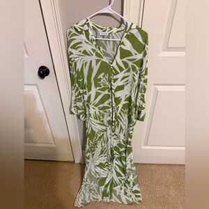 Zara Olive and White Leaf Print Long Sleeve Dress